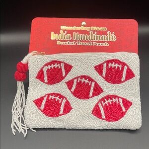 Wandering Moon Red Football Beaded Travel Pouch Coin Purse Handmade in India